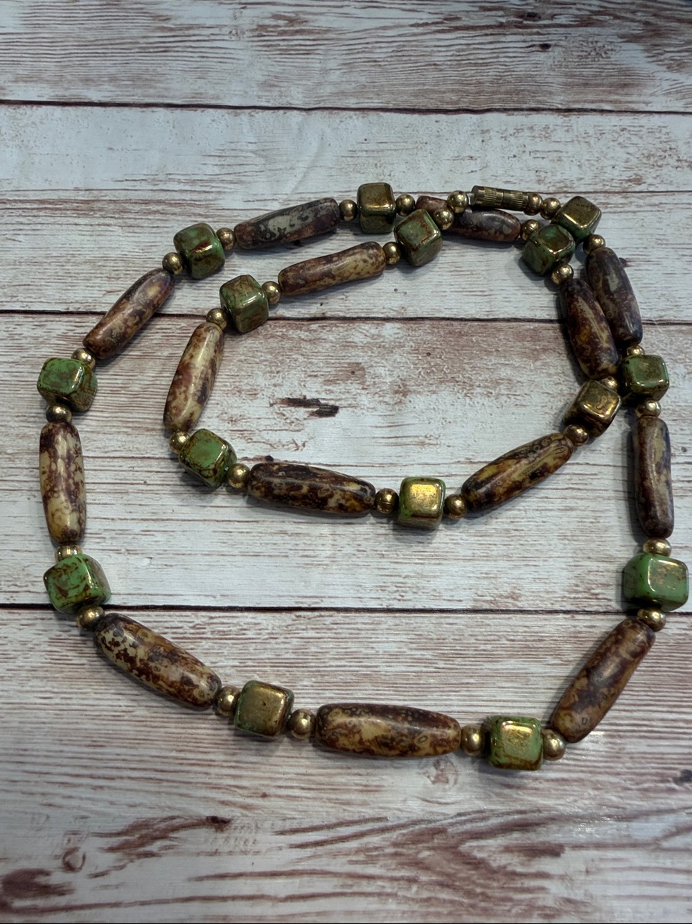 Vintage Boho Agate Jasper Brown Green Earth Tone Beaded Necklace